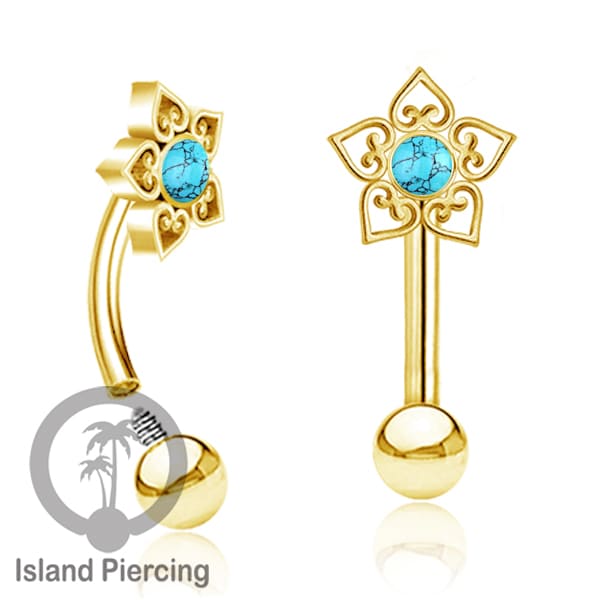 Curved Barbell Eyebrow Piercing Tindik Alis dan Rook warna gold pakai aneka batu cantik