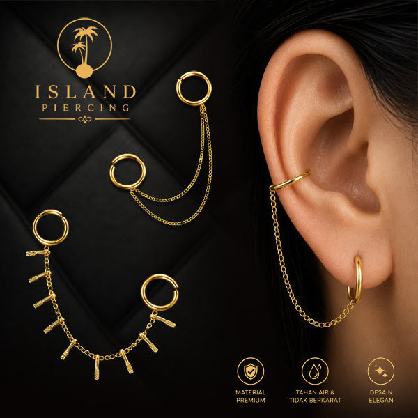 Piercing set warna emas dengan dua Cincin Segment Berengsel yang disambungkan dengan rantai.