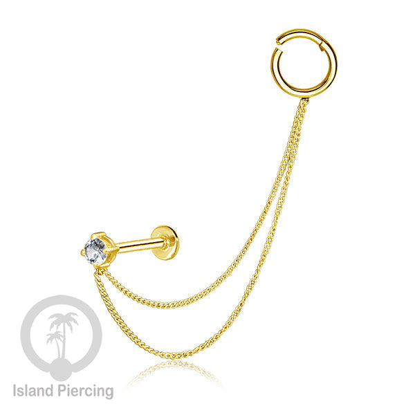Piercing Set warna gold dengan Labret dan Hinged Segment Ring di sambung dengan Rantai.