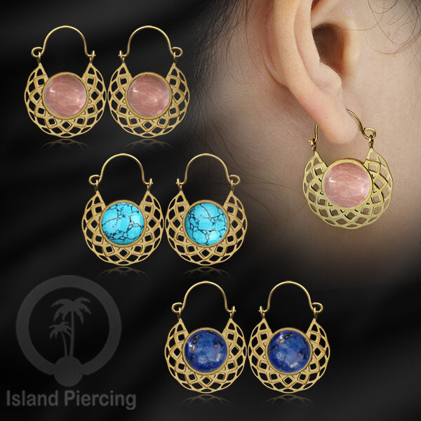 Anting stainless steel warna Gold dengan batu semi mulia asli
