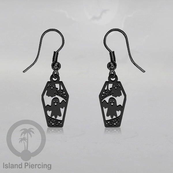 Stainless Steel Anting Dangling Hook Earring Halloween warna hitam model Tengkorak, Hantu, Sihir, Peti