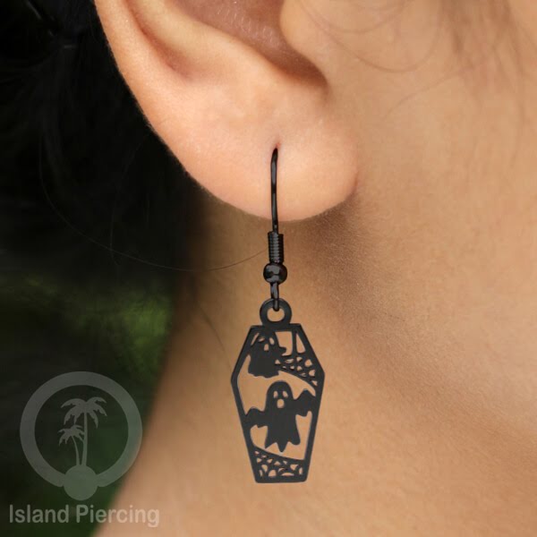 Stainless Steel Anting Dangling Hook Earring Halloween warna hitam model Tengkorak, Hantu, Sihir, Peti