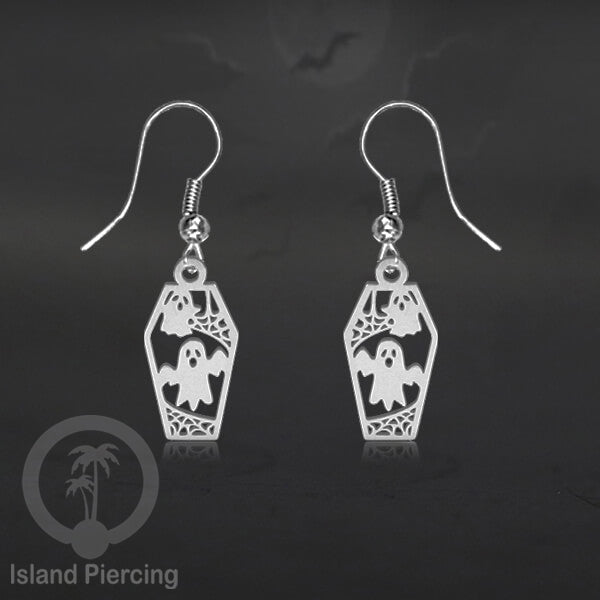 Stainless Steel Anting Dangling Hook Earring Halloween warna silver model Tengkorak, Hantu, Sihir, Peti