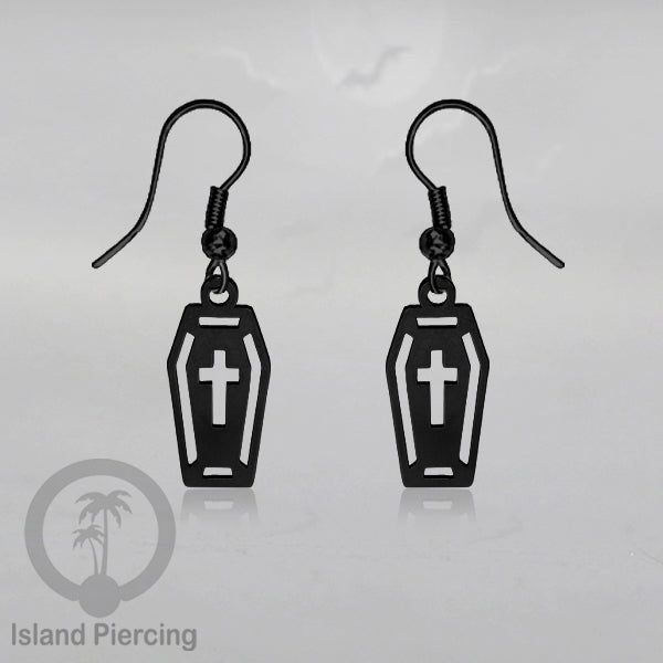 Stainless Steel Anting Dangling Hook Earring Halloween warna hitam model Tengkorak, Hantu, Sihir, Peti