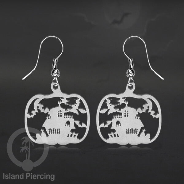 Stainless Steel Anting Dangling Hook Earring Halloween warna silver model Tengkorak, Hantu, Sihir, Peti