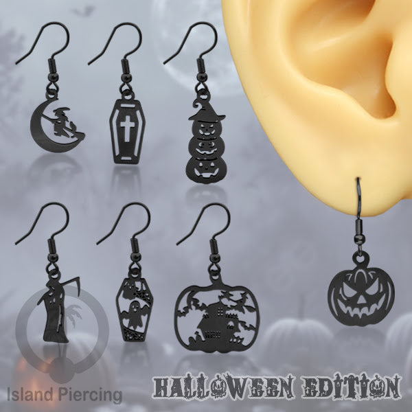 Stainless Steel Anting Dangling Hook Earring Halloween warna hitam model Tengkorak, Hantu, Sihir, Peti