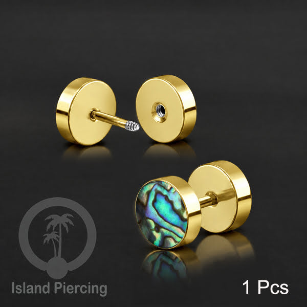 Fake Stainless Steel Plug warna Gold isi Resin warna Hitam, Toska atau kerang Paua sintetis