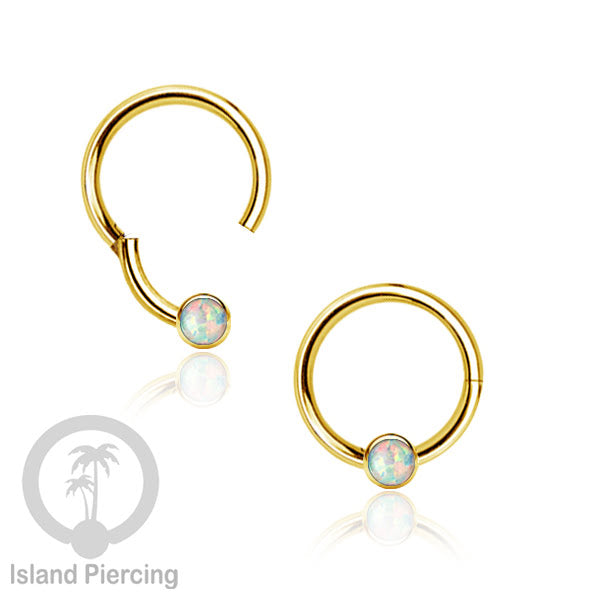 Hinged Segment Ring warna gold dengan batu di pakai dalam mulut bawah bibir atas.