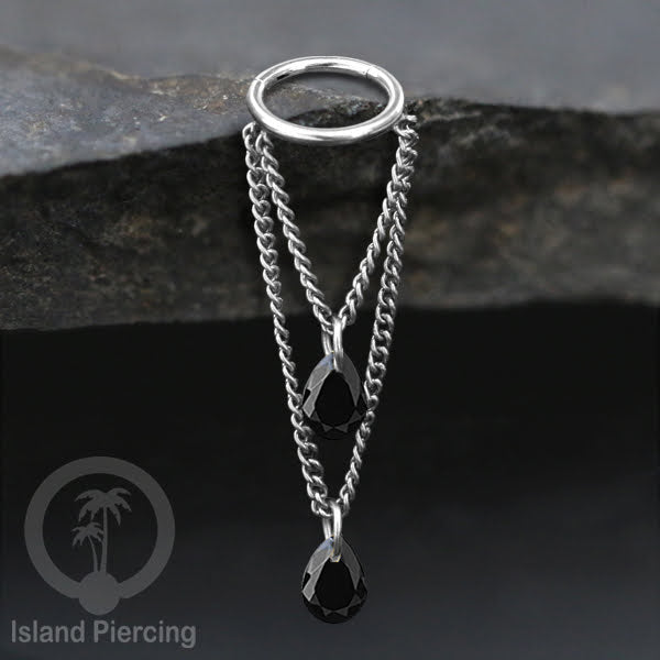 Anting Body Jewelry Helix dan Conch Piercing dengan rantai dan kristal zirconia warna warni