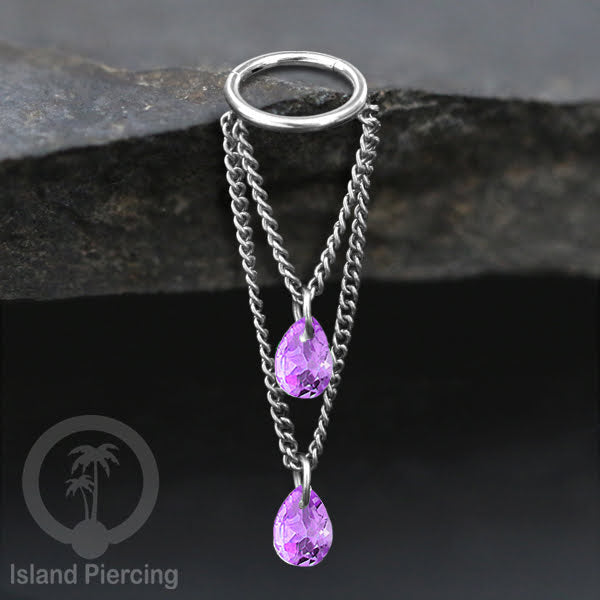 Anting Body Jewelry Helix dan Conch Piercing dengan rantai dan kristal zirconia warna warni