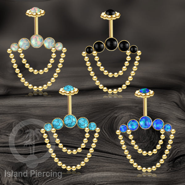 Anting Tindik Stainless warna gold, Piercing Helix dengan rantai dan batu