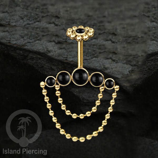 Anting Tindik Stainless warna gold, Piercing Helix dengan rantai dan batu