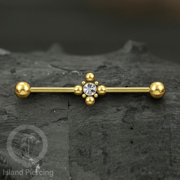 Anting Industrial Piercing stainless warna gold dengan Kristal banyak variasi model