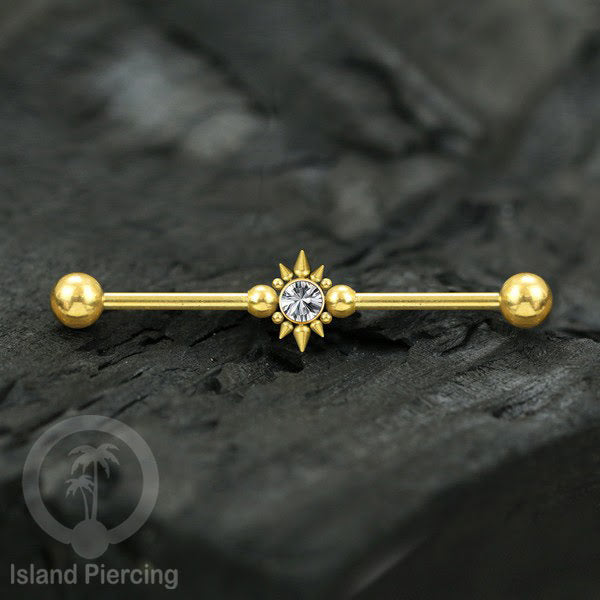 Anting Industrial Piercing stainless warna gold dengan Kristal banyak variasi model