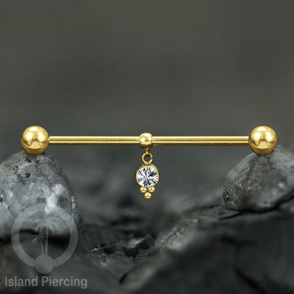 Anting Industrial Piercing stainless warna gold dengan Kristal Charm