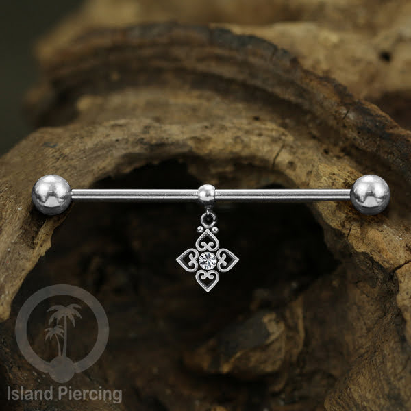 Anting Industrial Piercing stainless warna silver dengan Kristal Charm
