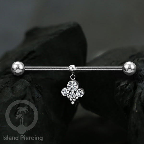 Anting Industrial Piercing stainless warna silver dengan Kristal Charm