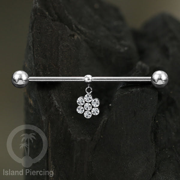 Anting Industrial Piercing stainless warna silver dengan Kristal Charm