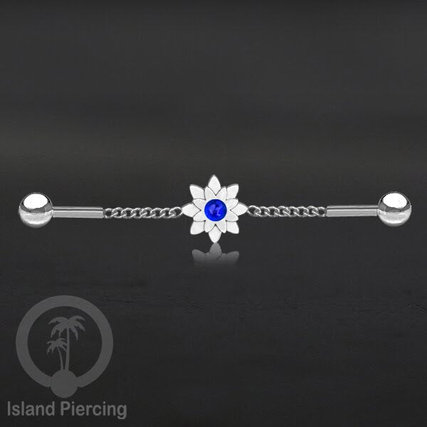 Anting Industrial Piercing Stainless rantai warna silver desain bunga dengan warna epoxy