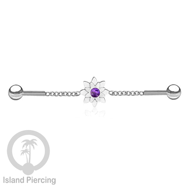 Anting Industrial Piercing Stainless rantai warna silver desain bunga dengan warna epoxy