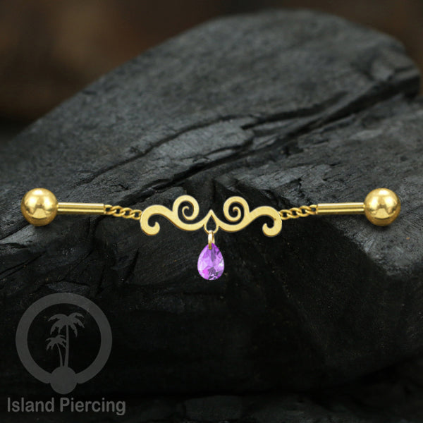 Anting Industrial Piercing Stainless rantai warna gold dengan kristal banyak pilihan warna