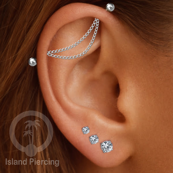 Anting Industrial Piercing Stainless Rantai warna Silver Desain yang Unik