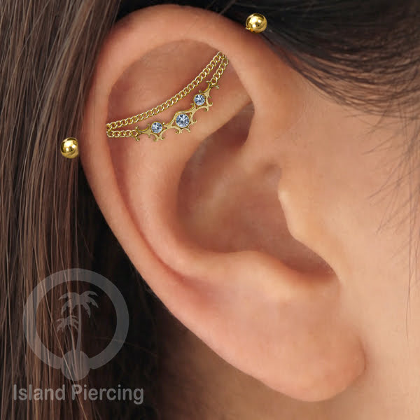 Anting Industrial Piercing Stainless Rantai warna gold Desain yang Unik