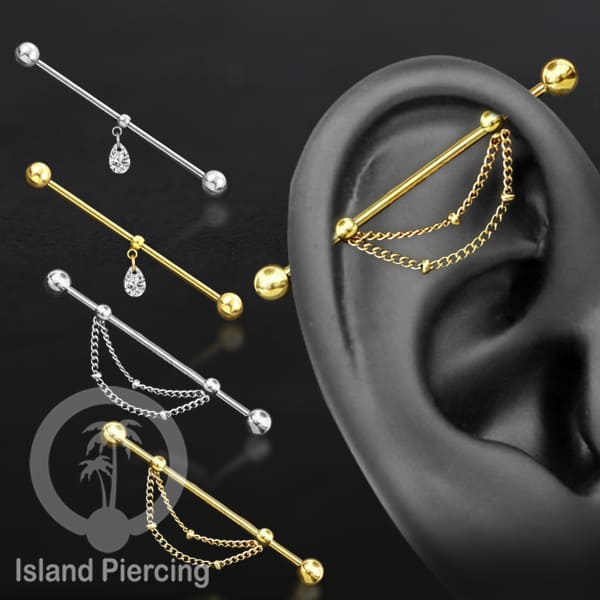 Anting Industrial Piercing stainless warna Silver dengan Kristal Zirconia atau Rantai