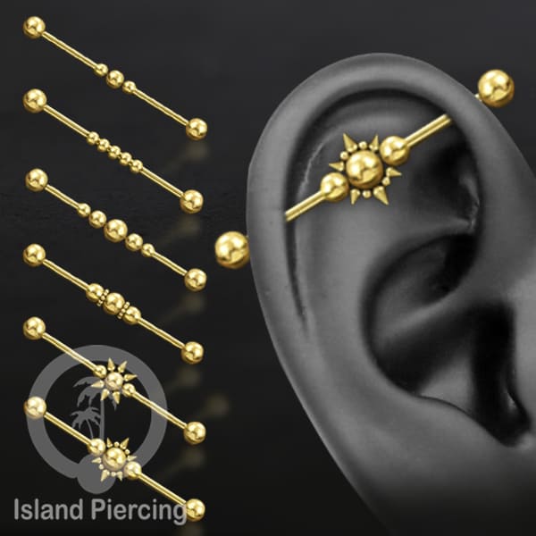 Anting Industrial Piercing stainless warna gold dengan banyak variasi asik