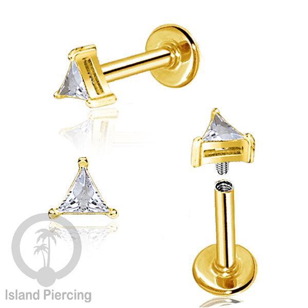 Piercing Labret Stainless Steel warna gold dengan Zirconia banyak bentuk.