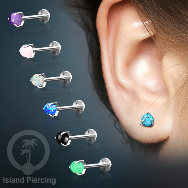 Labret Stainless Steel warna Silver PVD, tindik Helix dan Tragus dengan bola batu.