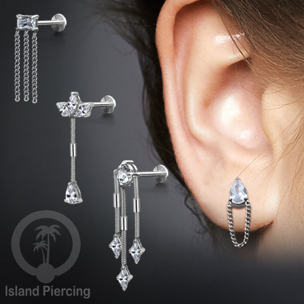 Tindik Labret Stainless warna Silver, Anting Helix, Tragus dan Telinga Stainless dengan Kristal