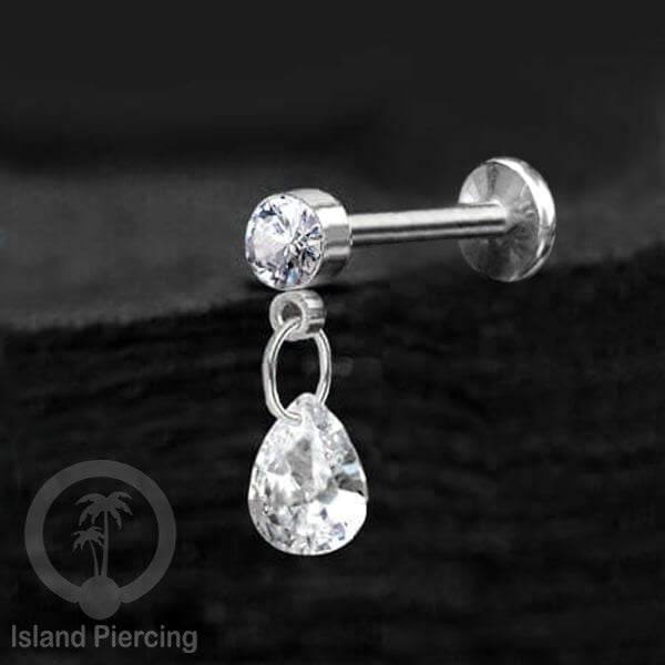 Anting Labret Stainless Steel dengan Kristal Tetes, Tindik Helix, Tragus Warna Silver
