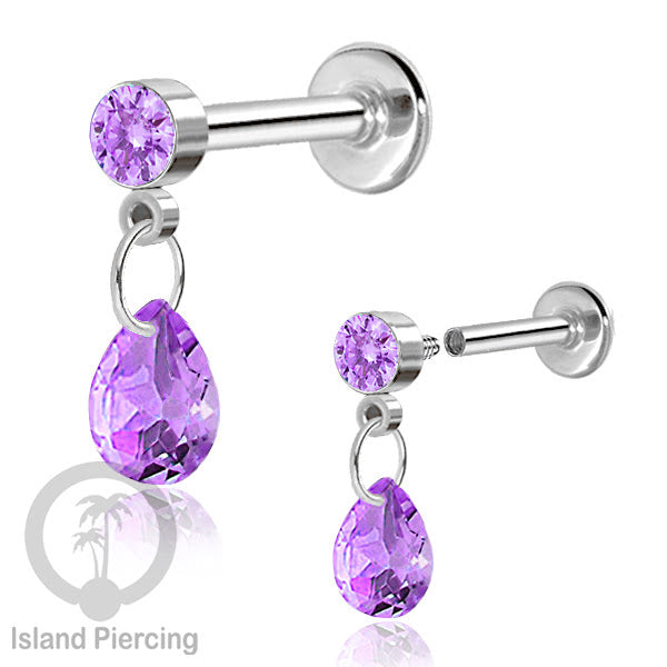 Anting Labret Stainless Steel dengan Kristal Tetes, Tindik Helix, Tragus Warna Silver