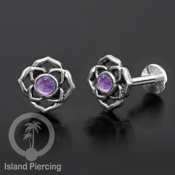 Piercing Labret Silver 925, paku Stainless Steel, pilihan Batu asli atau Kerang Laut