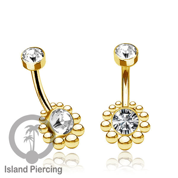 Anting Pusar/Navel Bar bahan stainless steel warna gold dengan Kristal atau Kerang laut