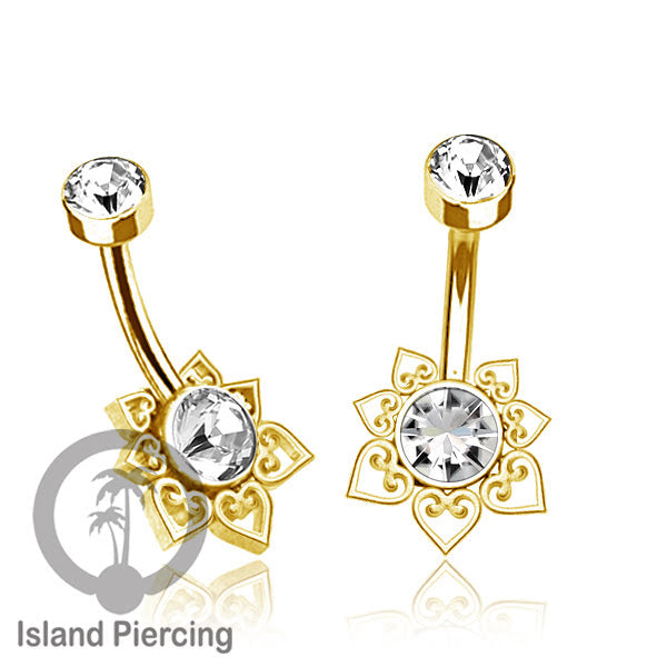 Anting Pusar/Navel Bar bahan stainless steel warna gold dengan Kristal atau Kerang laut