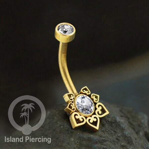 Anting Pusar/Navel Bar bahan stainless steel warna gold dengan Kristal atau Kerang laut