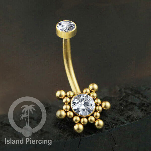 Anting Pusar/Navel Bar bahan stainless steel warna gold dengan Kristal atau Kerang laut