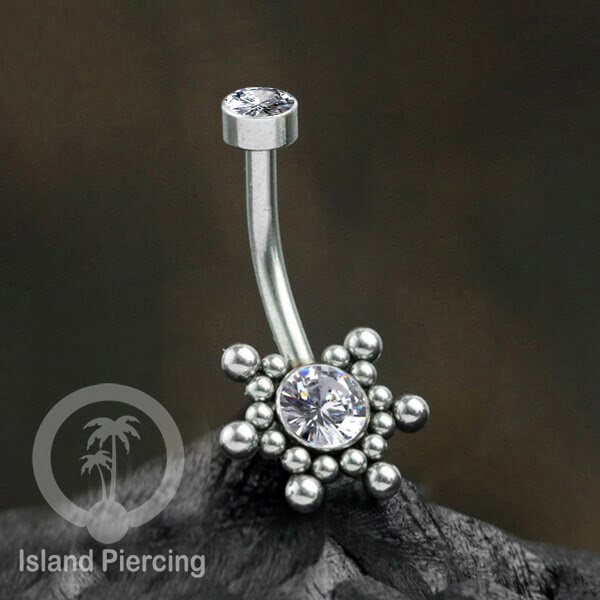 Anting Pusar/Navel Bar bahan stainless steel warna silver dekorasi Kristal atau Kerang laut asli