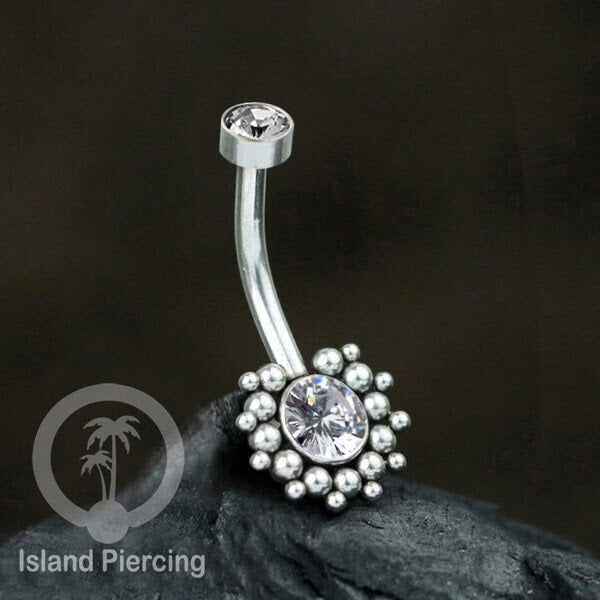 Anting Pusar/Navel Bar bahan stainless steel warna silver dekorasi Kristal atau Kerang laut asli