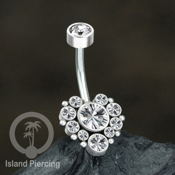 Anting Pusar/Navel Bar warna silver Piercing Jewelry terpasang Kristal zirconia bening