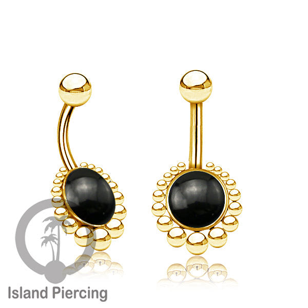 Steel navel bars , Tindik Pusar Baja Stainless warna gold dengan batu asli,
