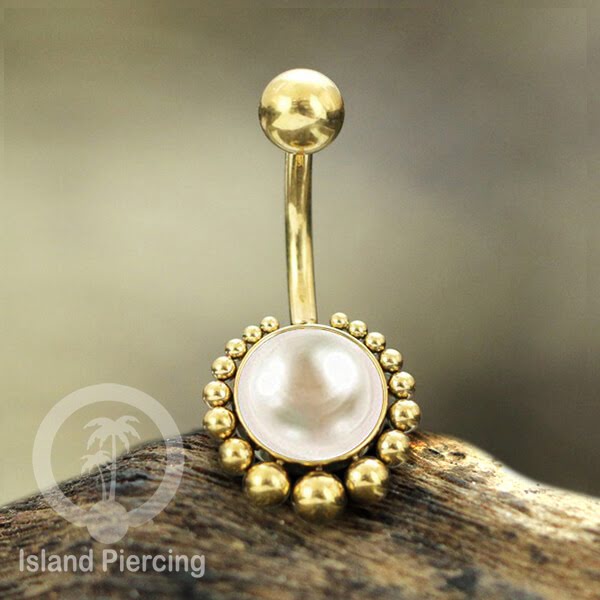Steel navel bars , Tindik Pusar Baja Stainless warna gold dengan batu asli,