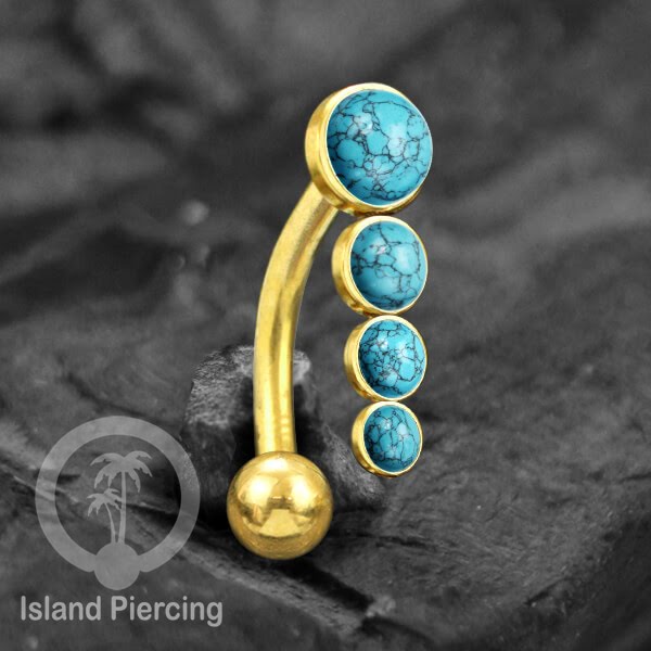 Tindik Pusar Stainless warna gold dengan 4 batu, Belly Body Piercing Jewelry