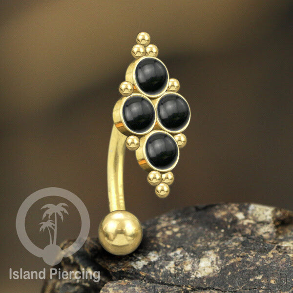 Tindik Pusar Stainless warna gold dengan 4 batu, Navel Bar Piercing Jewelry