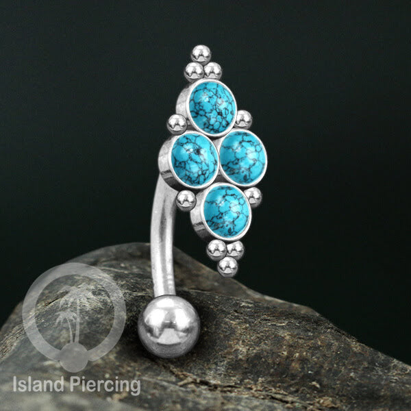 Tindik Pusar Stainless warna silver dengan 4 batu, Navel Bar Piercing Jewelry