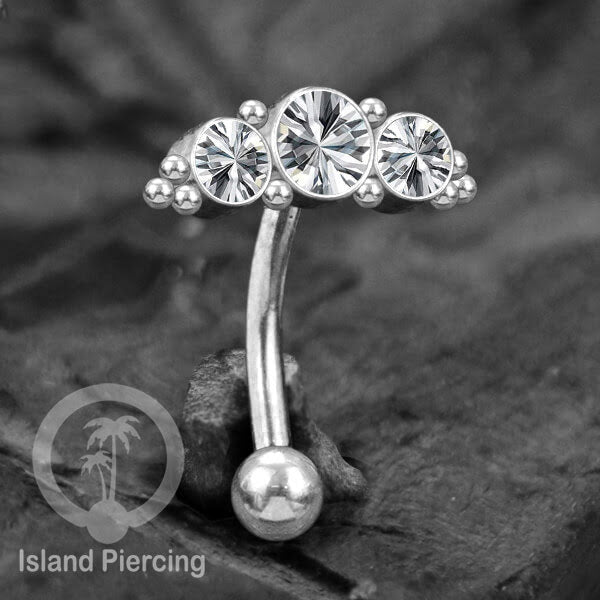 Anting Pusar/Navel Bar stainless steel cocok untuk bagian atas pusat warna Silver dengan Kristal Zirconia