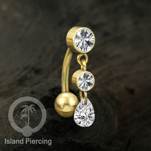 Anting Pusar/Navel Bar stainless steel untuk bagian atas pusat model pakai Kristal dan rantai gantung