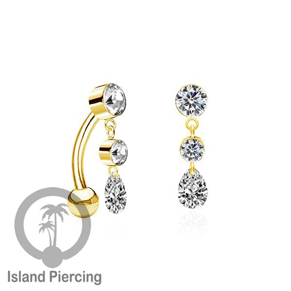 Anting Pusar/Navel Bar stainless steel untuk bagian atas pusat model pakai Kristal dan rantai gantung